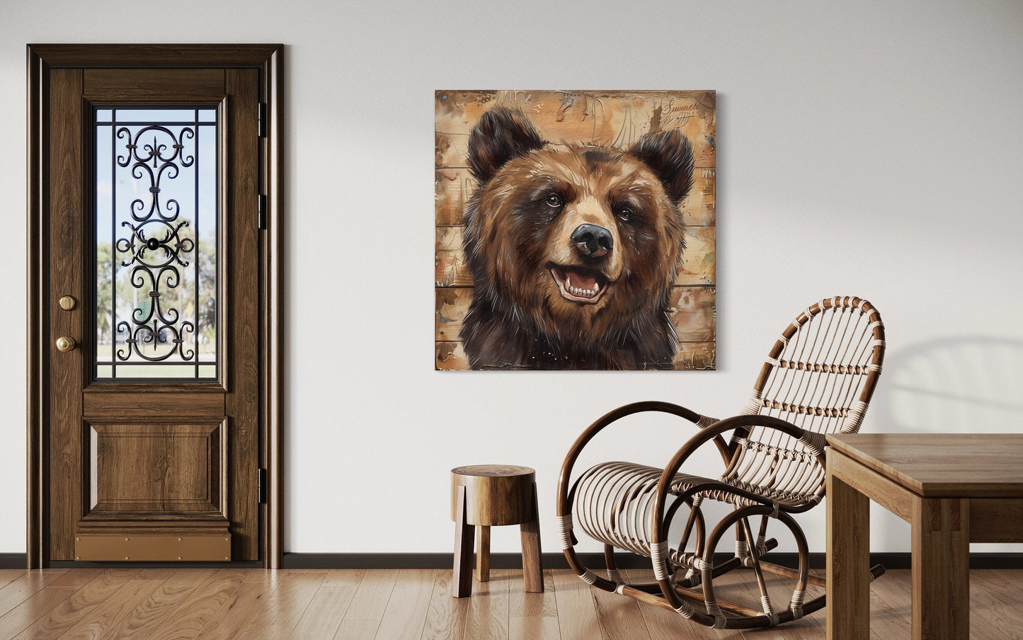 Cute Bear Portrait on Distressed Wood Framed Cabin Wall Decor Canvas Wall Art