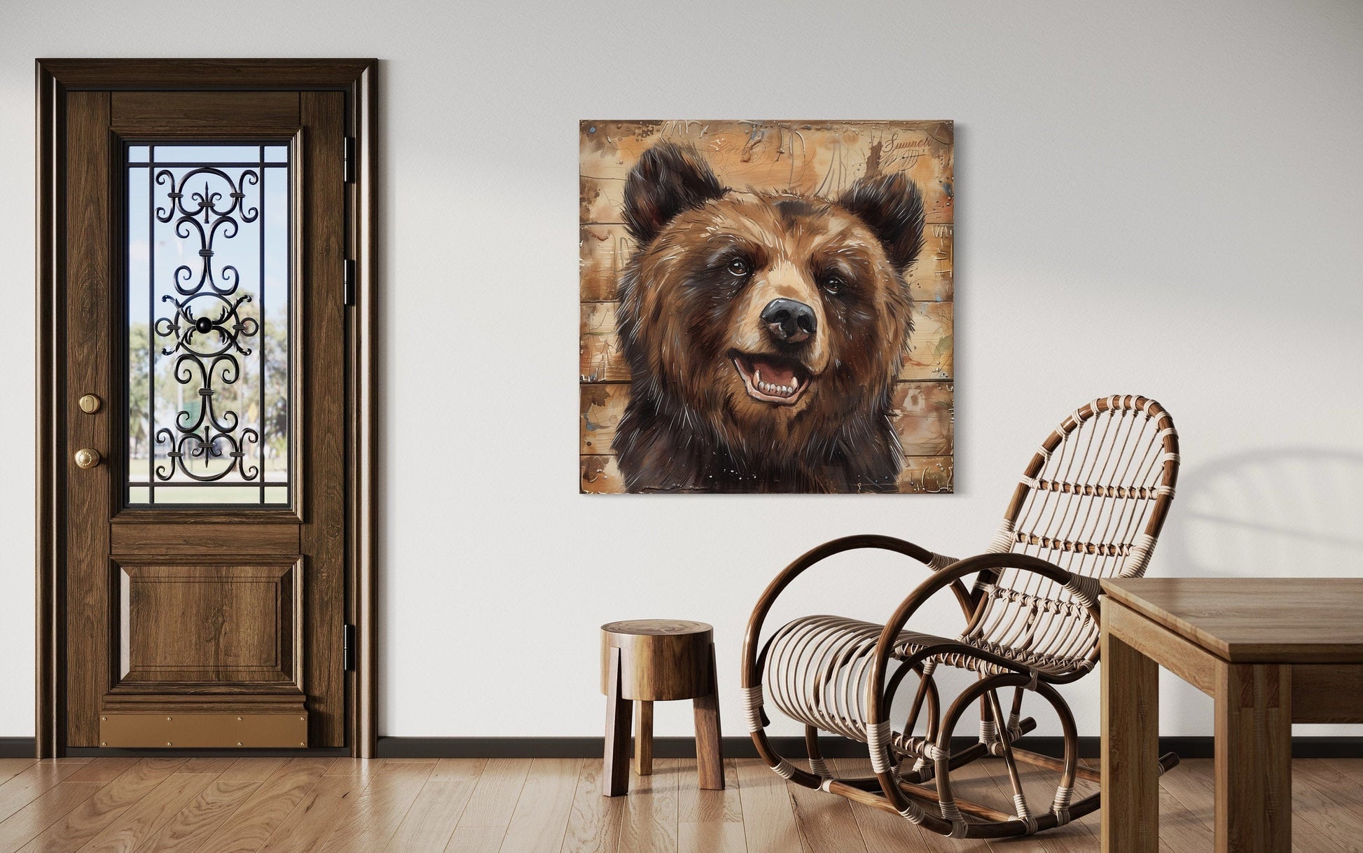 Cute Bear Portrait on Distressed Wood Framed Cabin Wall Decor Canvas Wall Art
