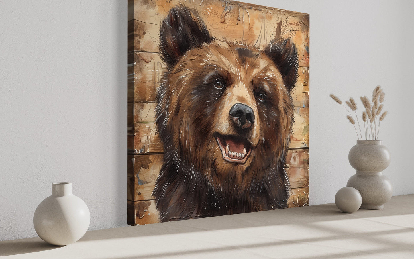 Cute Bear Portrait on Distressed Wood Framed Cabin Wall Decor Canvas Wall Art