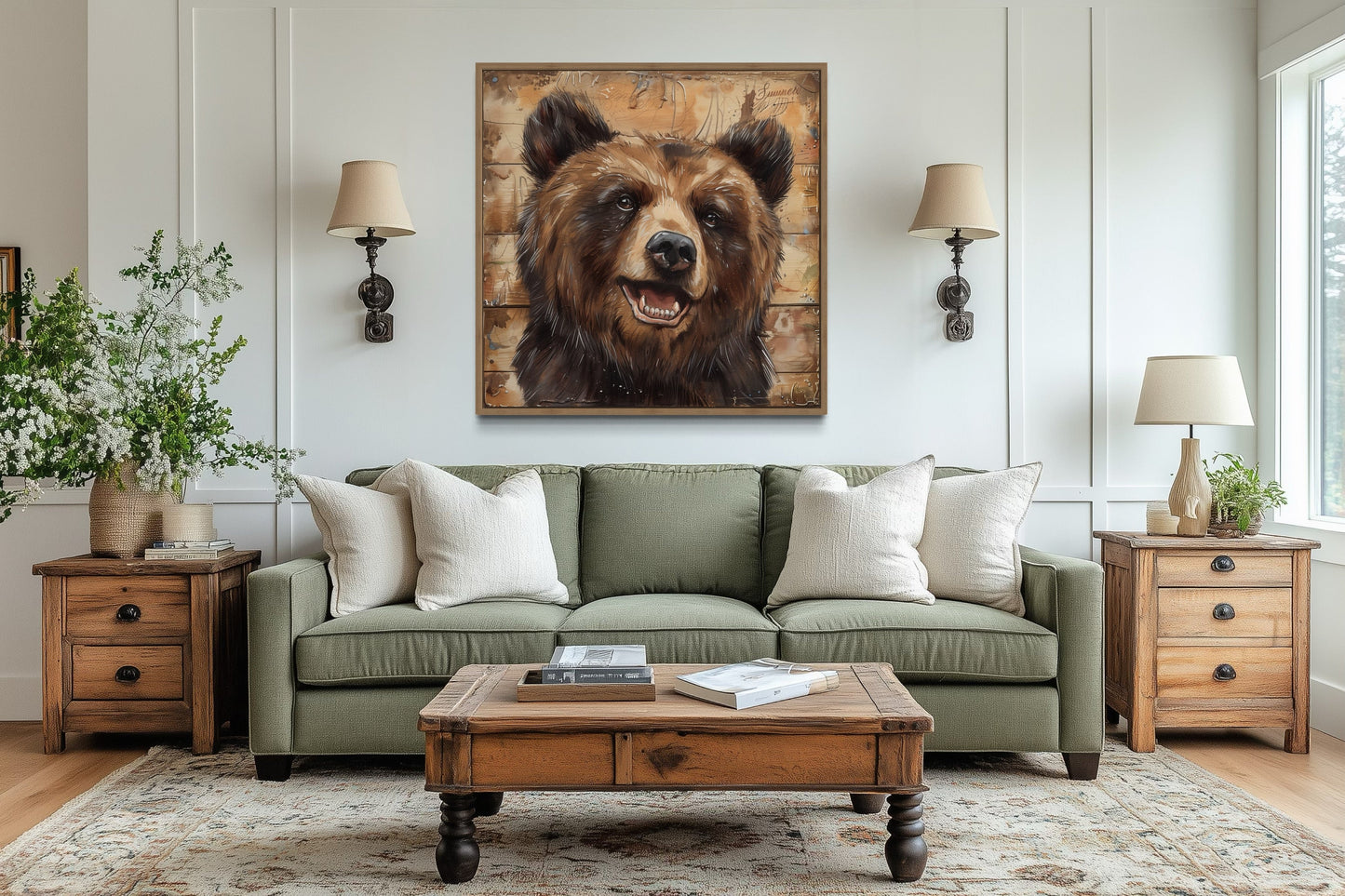 Cute Bear Portrait on Distressed Wood Framed Cabin Wall Decor Canvas Wall Art
