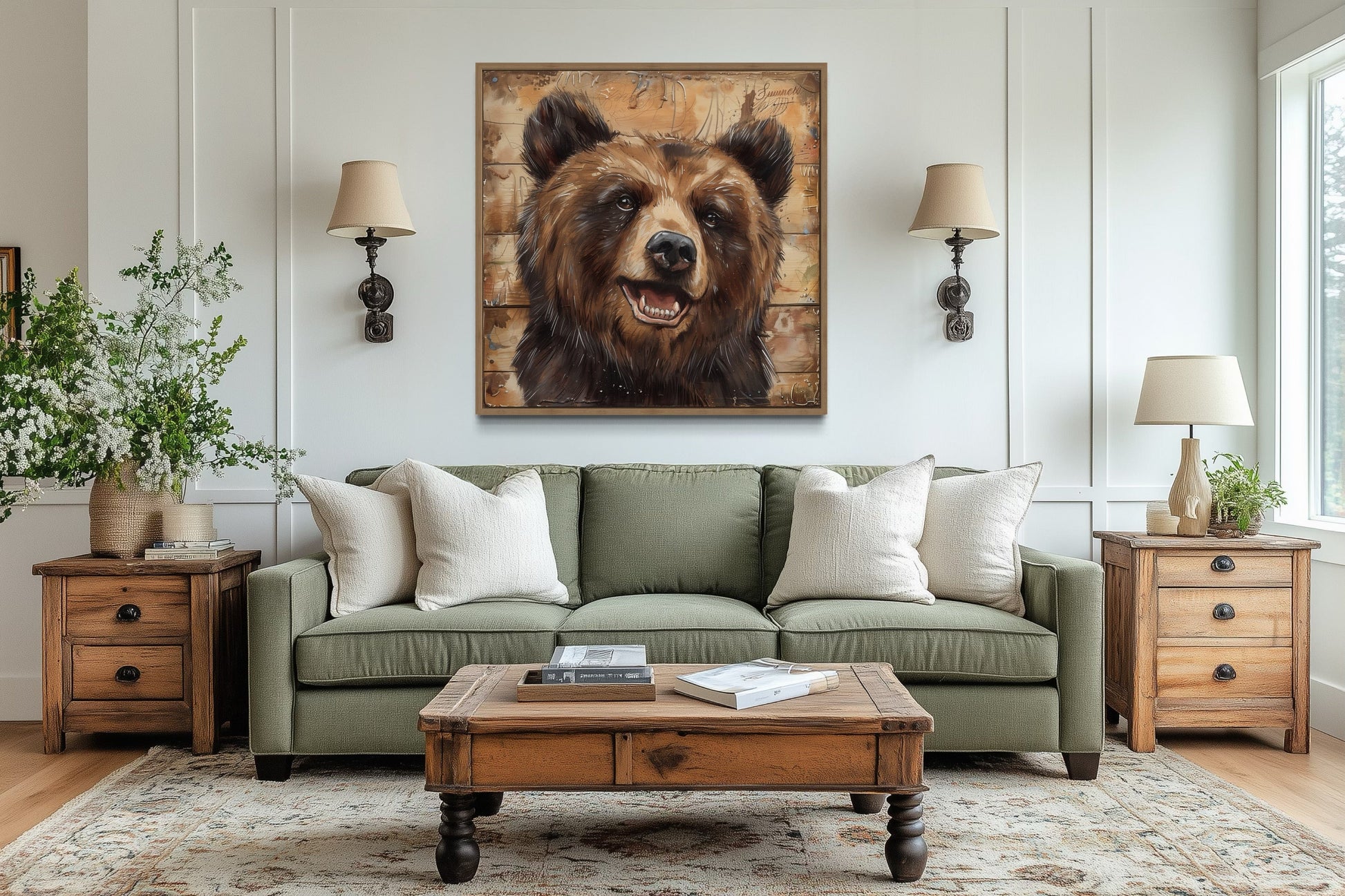 Cute Bear Portrait on Distressed Wood Framed Cabin Wall Decor Canvas Wall Art