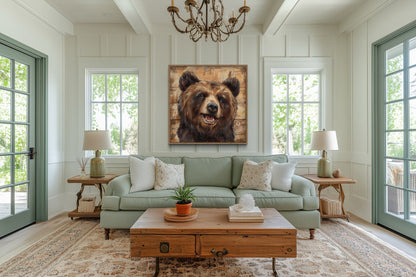 Cute Bear Portrait on Distressed Wood Framed Cabin Wall Decor Canvas Wall Art
