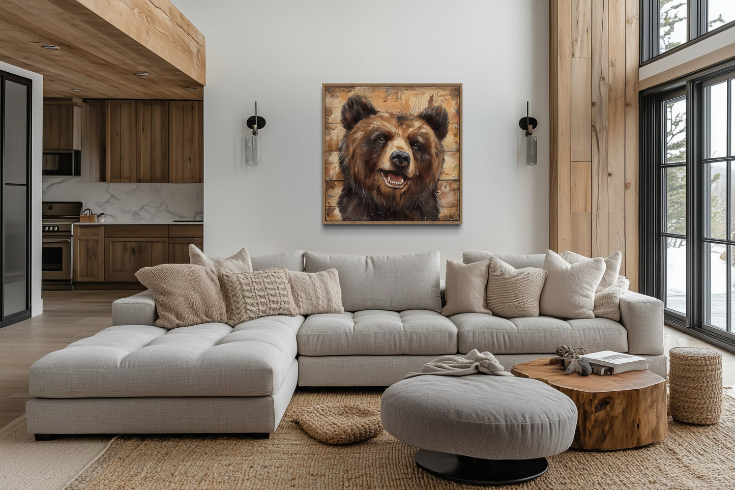 Cute Bear Portrait on Distressed Wood Framed Cabin Wall Decor Canvas Wall Art