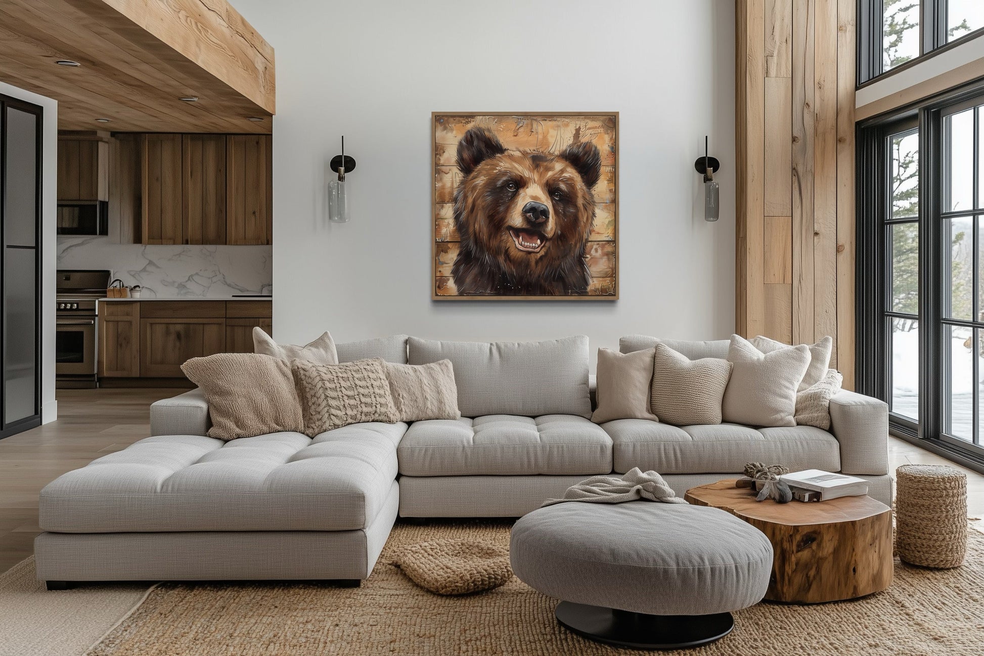 Cute Bear Portrait on Distressed Wood Framed Cabin Wall Decor Canvas Wall Art
