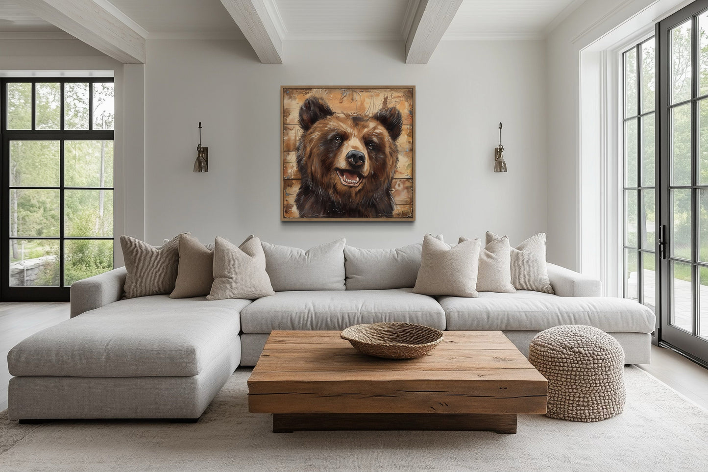 Cute Bear Portrait on Distressed Wood Framed Cabin Wall Decor Canvas Wall Art