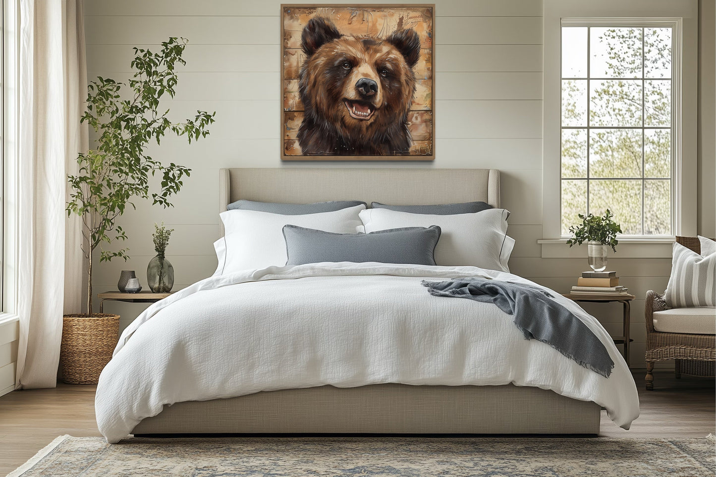 Cute Bear Portrait on Distressed Wood Framed Cabin Wall Decor Canvas Wall Art