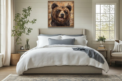 Cute Bear Portrait on Distressed Wood Framed Cabin Wall Decor Canvas Wall Art