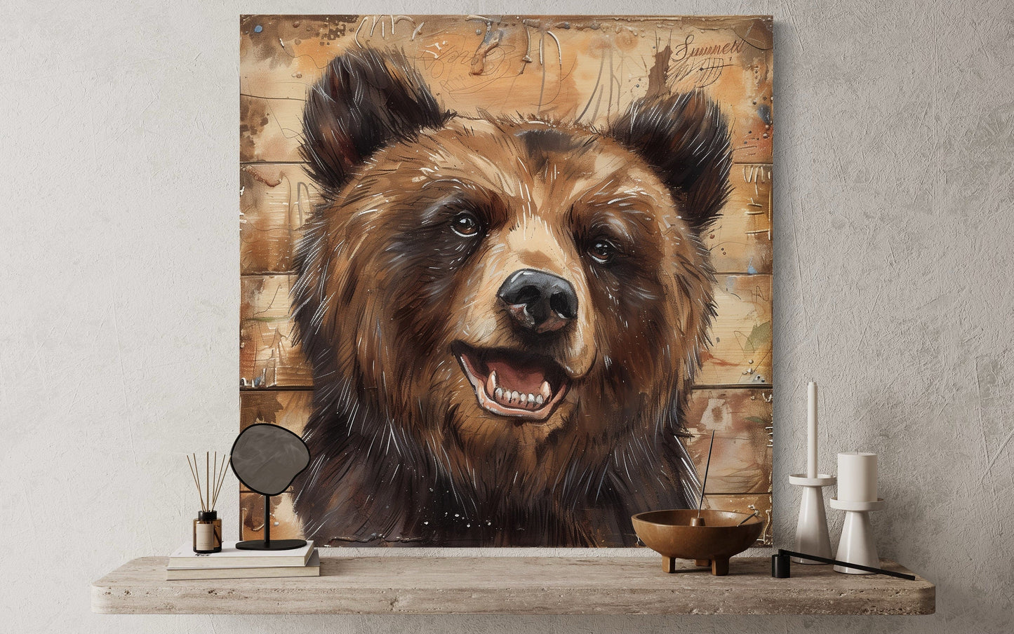 Cute Bear Portrait on Distressed Wood Framed Cabin Wall Decor Canvas Wall Art