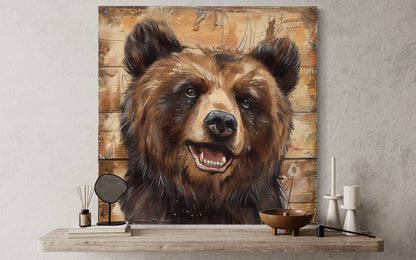 Cute Bear Portrait on Distressed Wood Framed Cabin Wall Decor Canvas Wall Art