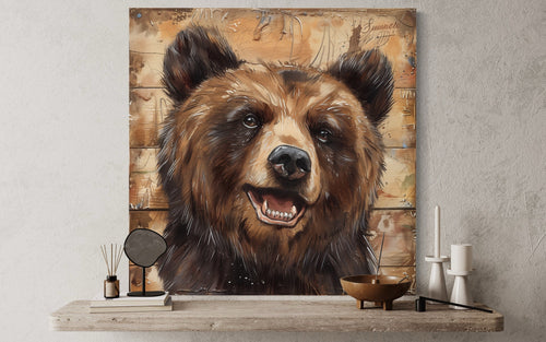 Cute Bear Portrait on Distressed Wood Framed Cabin Wall Decor Canvas Wall Art
