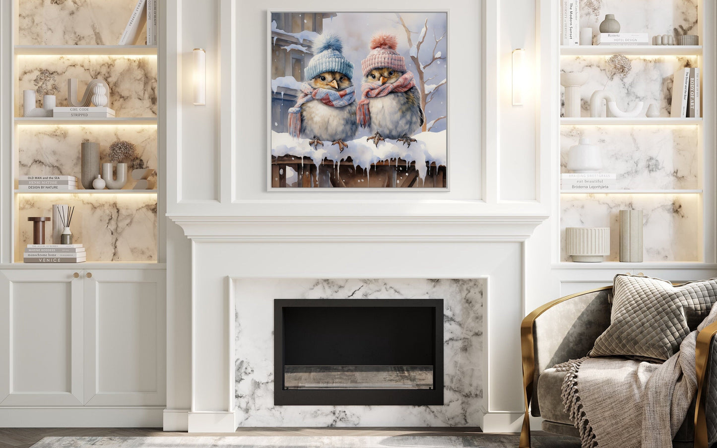 Cute Birds In Hats In Snow Winter Framed Canvas Wall Art