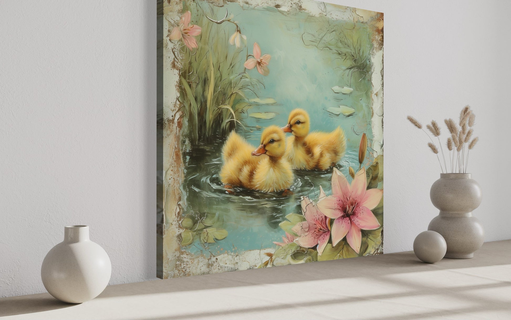 Cute Ducklings In The Pond Rustic Farmhouse Wall Decor For Bathroom Or Nursery Canvas Wall Art