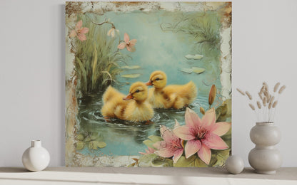 Cute Ducklings In The Pond Rustic Farmhouse Wall Decor For Bathroom Or Nursery Canvas Wall Art