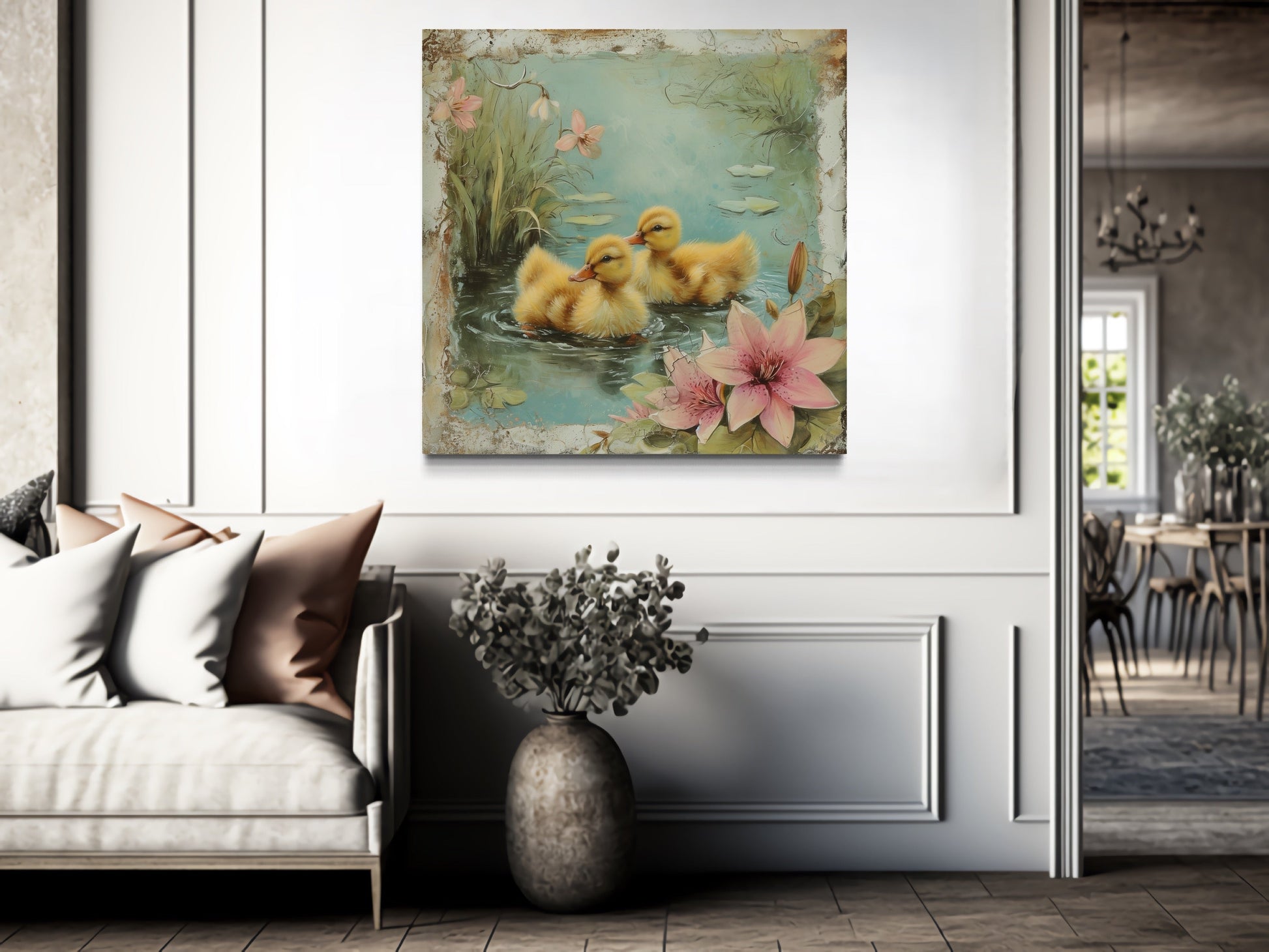 Cute Ducklings In The Pond Rustic Farmhouse Wall Decor For Bathroom Or Nursery Canvas Wall Art
