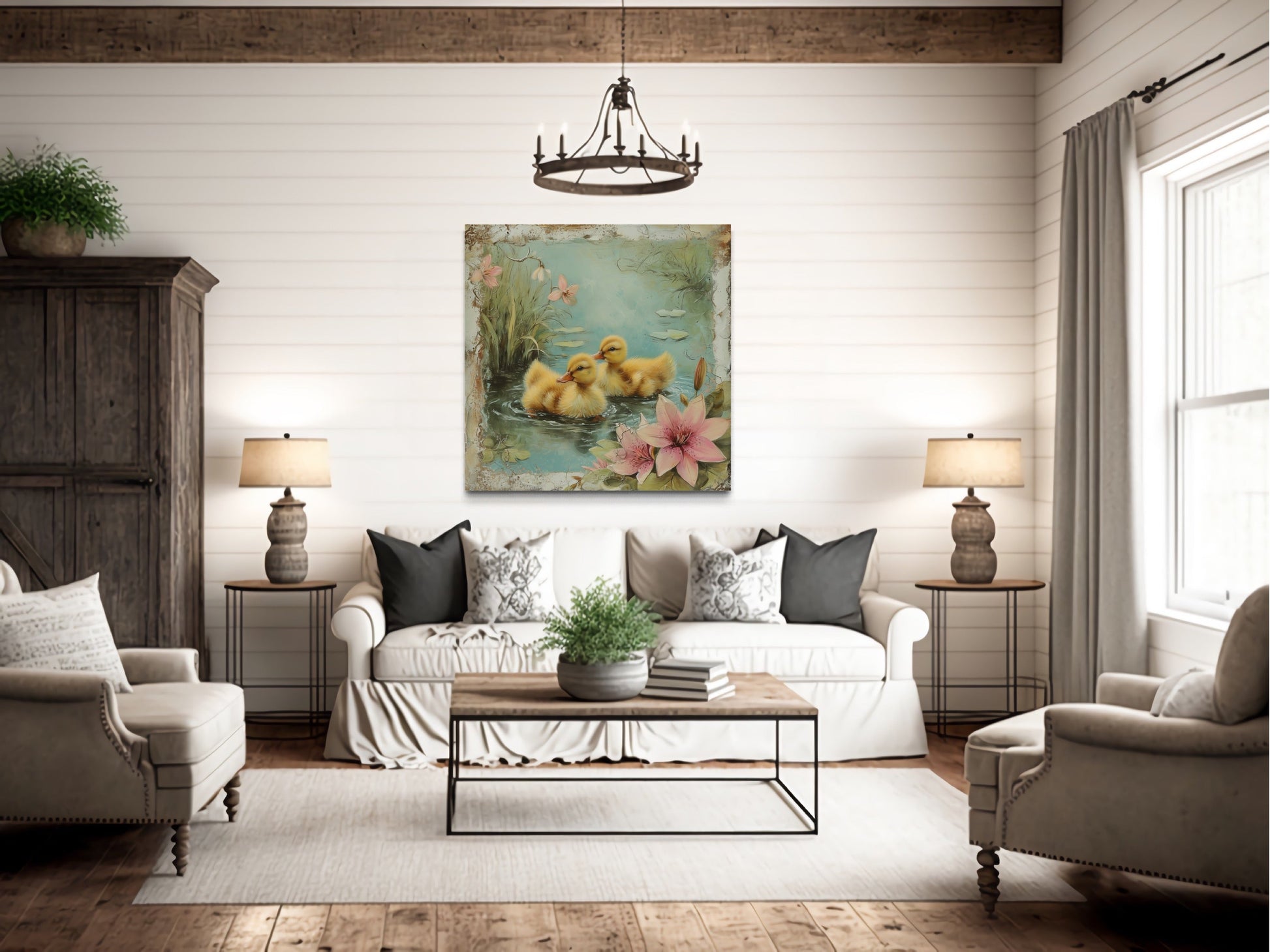 Cute Ducklings In The Pond Rustic Farmhouse Wall Decor For Bathroom Or Nursery Canvas Wall Art
