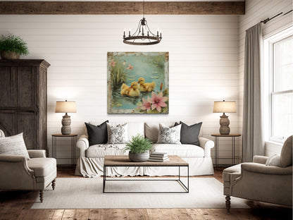 Cute Ducklings In The Pond Rustic Farmhouse Wall Decor For Bathroom Or Nursery Canvas Wall Art