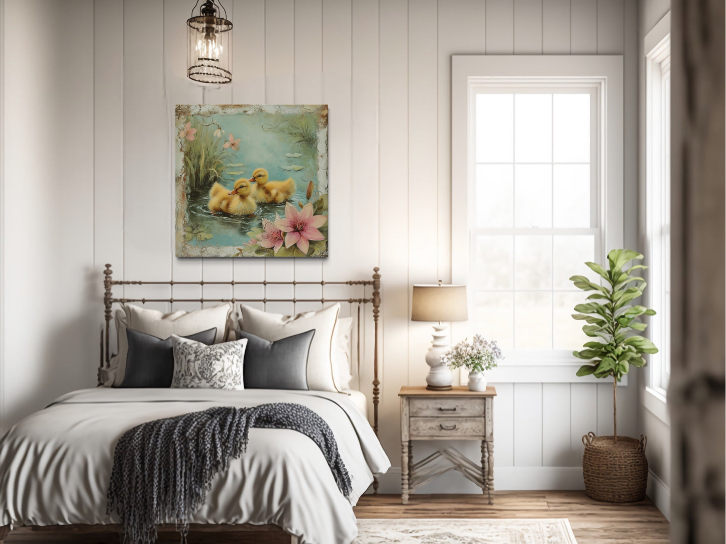 Cute Ducklings In The Pond Rustic Farmhouse Wall Decor For Bathroom Or Nursery Canvas Wall Art