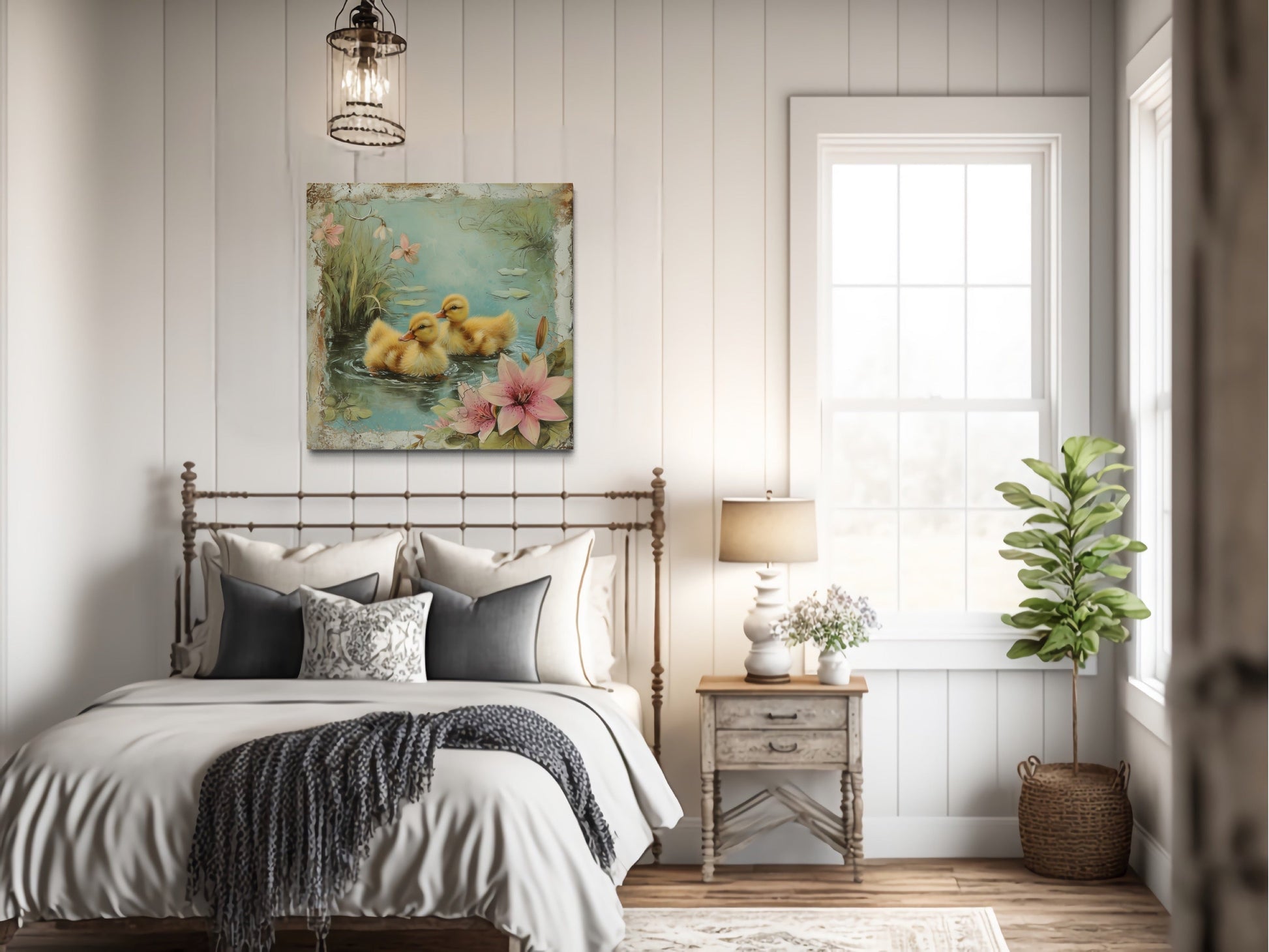 Cute Ducklings In The Pond Rustic Farmhouse Wall Decor For Bathroom Or Nursery Canvas Wall Art