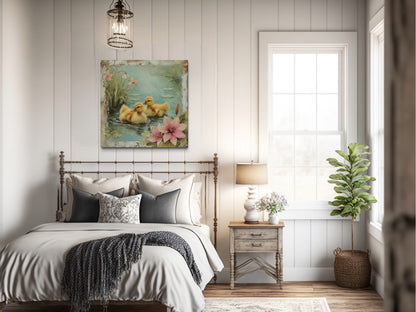 Cute Ducklings In The Pond Rustic Farmhouse Wall Decor For Bathroom Or Nursery Canvas Wall Art