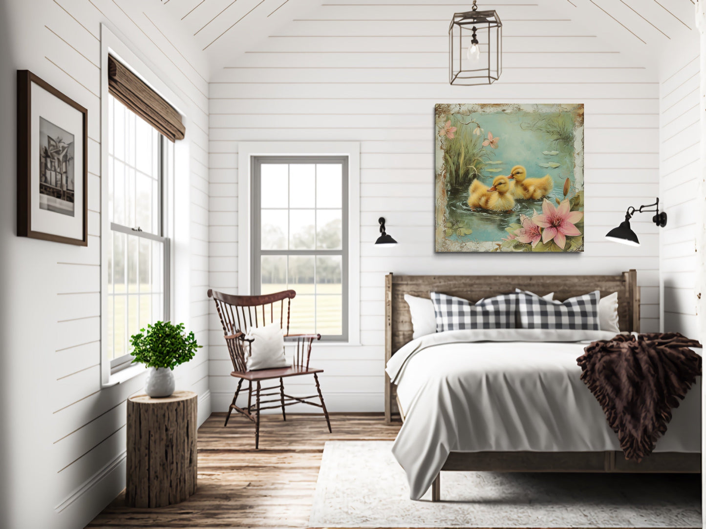 Cute Ducklings In The Pond Rustic Farmhouse Wall Decor For Bathroom Or Nursery Canvas Wall Art