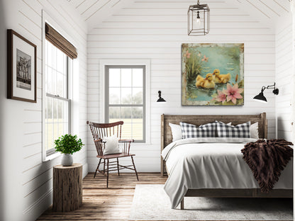 Cute Ducklings In The Pond Rustic Farmhouse Wall Decor For Bathroom Or Nursery Canvas Wall Art