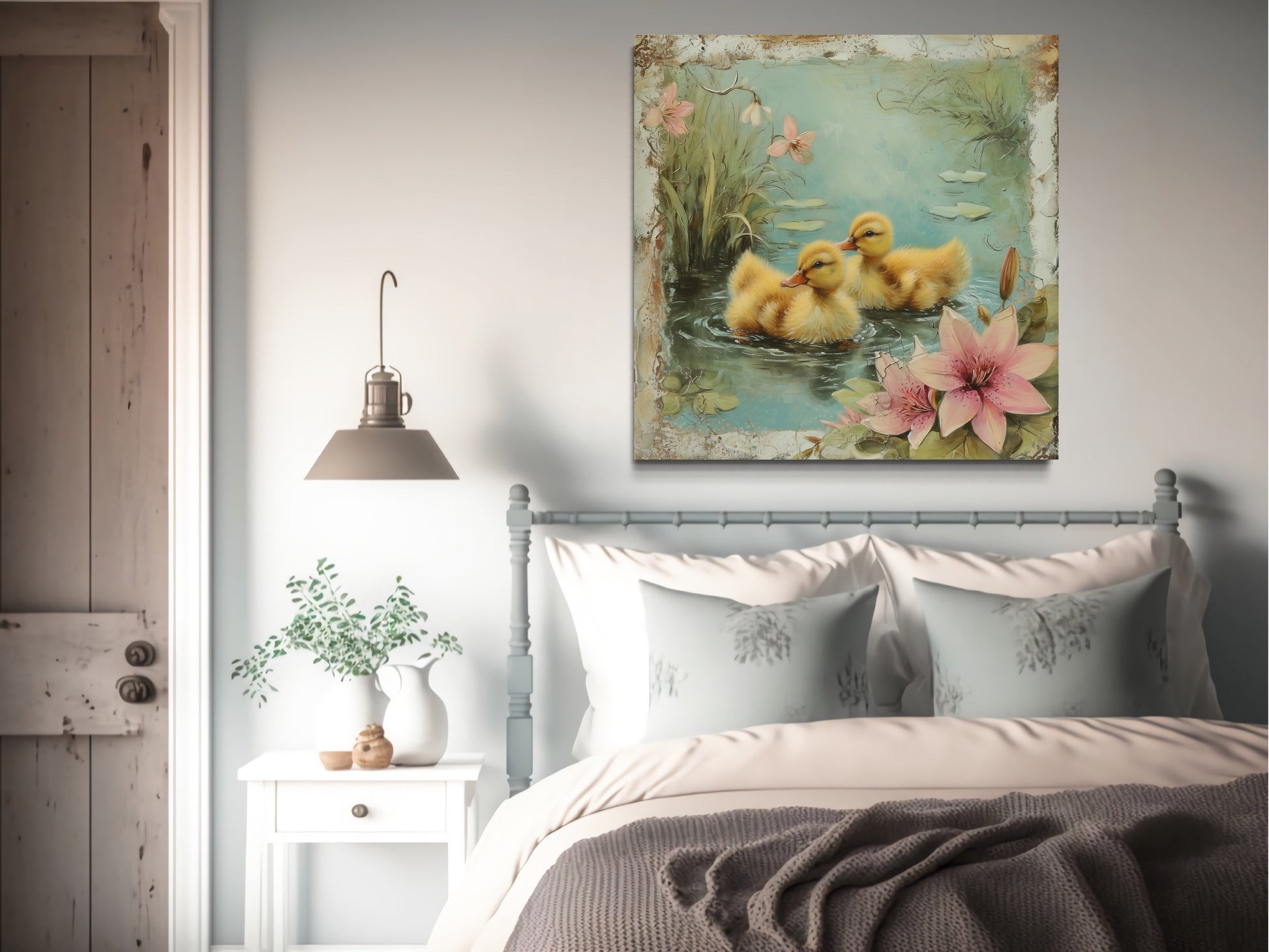 Cute Ducklings In The Pond Rustic Farmhouse Wall Decor For Bathroom Or Nursery Canvas Wall Art