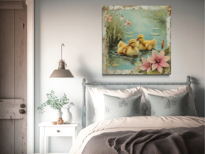 Cute Ducklings In The Pond Rustic Farmhouse Wall Decor For Bathroom Or Nursery Canvas Wall Art