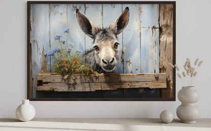 Cute Farm Donkey Rustic Painting on Wood Framed Canvas Wall Art