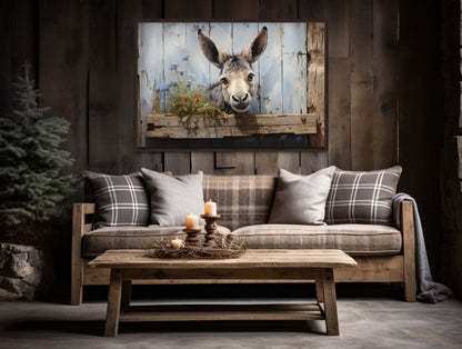 Cute Farm Donkey Rustic Painting on Wood Framed Canvas Wall Art