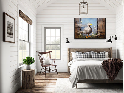 Cute Farm Duck Rustic Painting on Wood Framed Canvas Wall Art