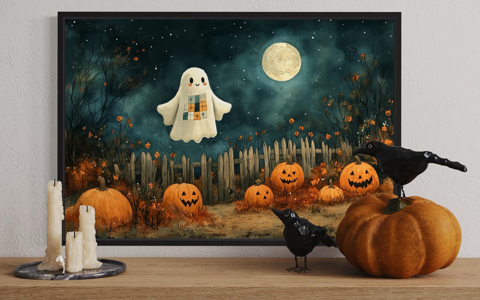 Cute Ghost and Pumpkins Farmhouse Halloween Wall Art
