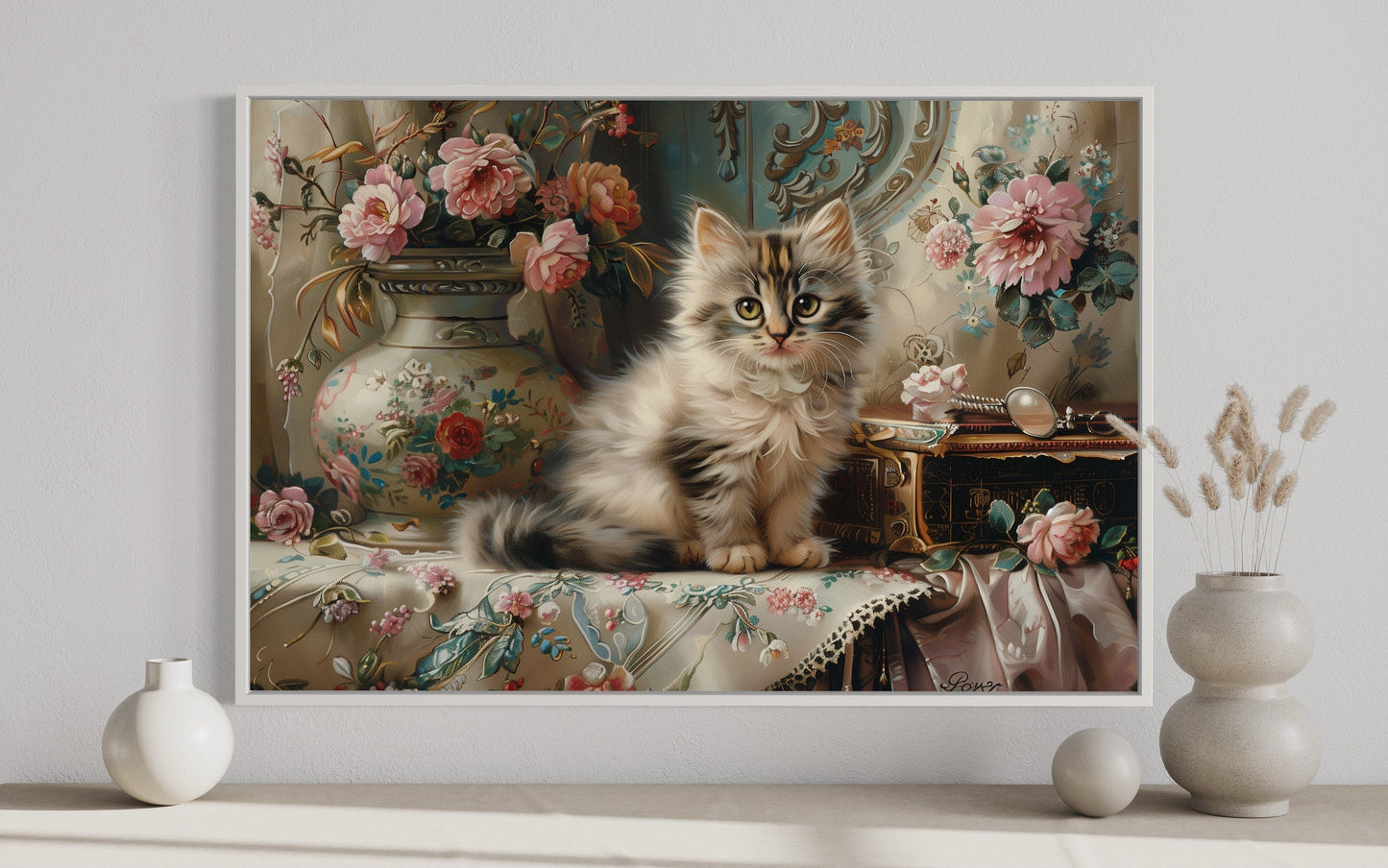 Cute Kitten And Flowers Victorian Painting Framed Canvas Wall Art