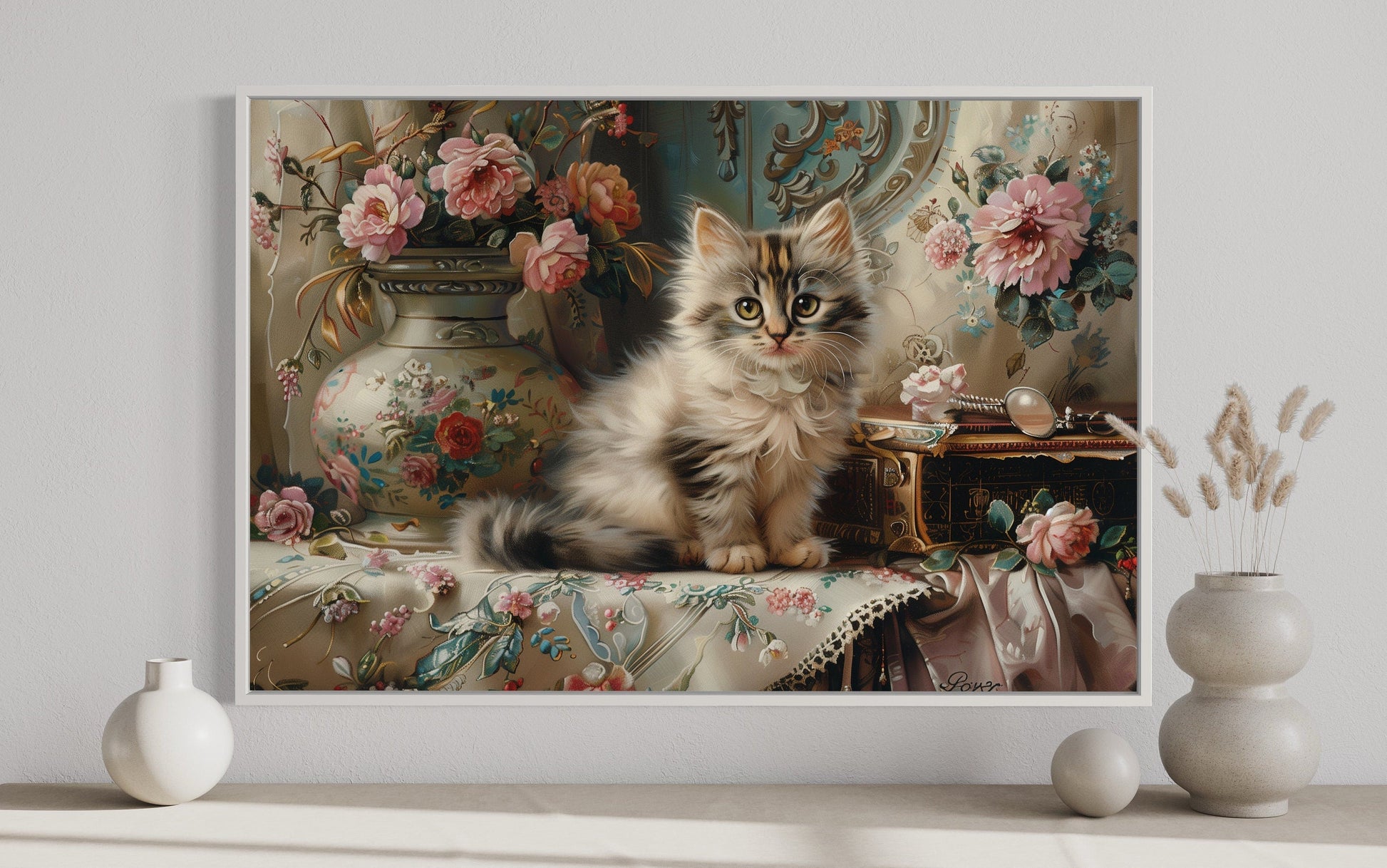 Cute Kitten And Flowers Victorian Painting Framed Canvas Wall Art
