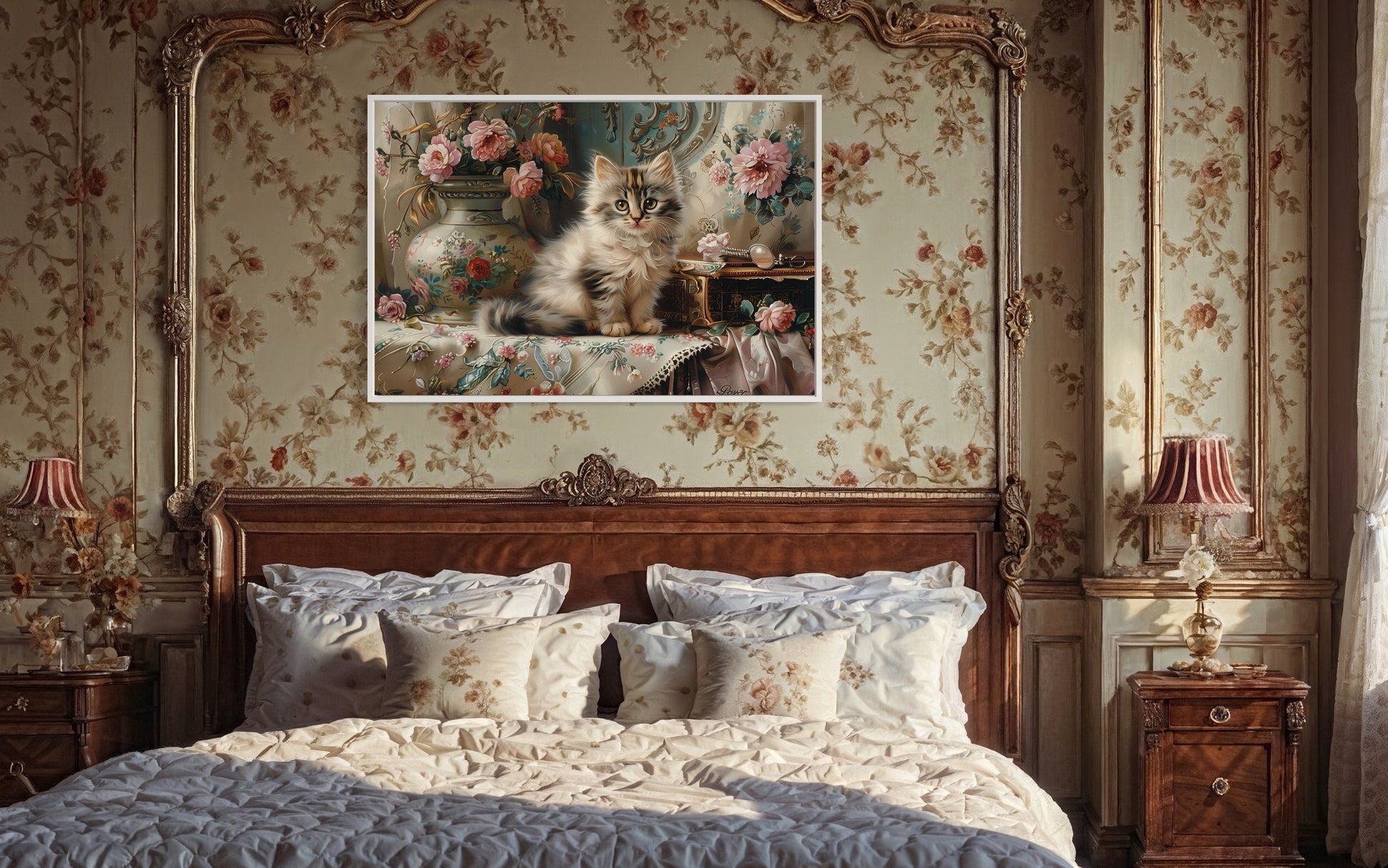 Cute Kitten And Flowers Victorian Painting Framed Canvas Wall Art