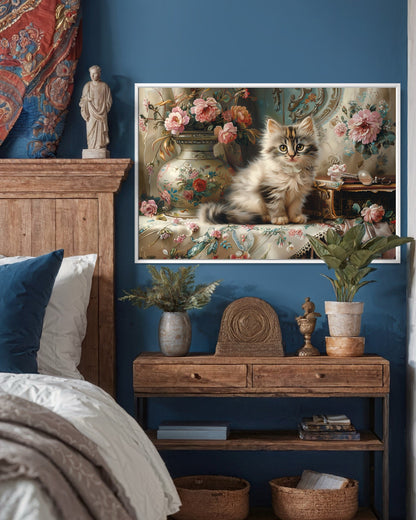 Cute Kitten And Flowers Victorian Painting Framed Canvas Wall Art