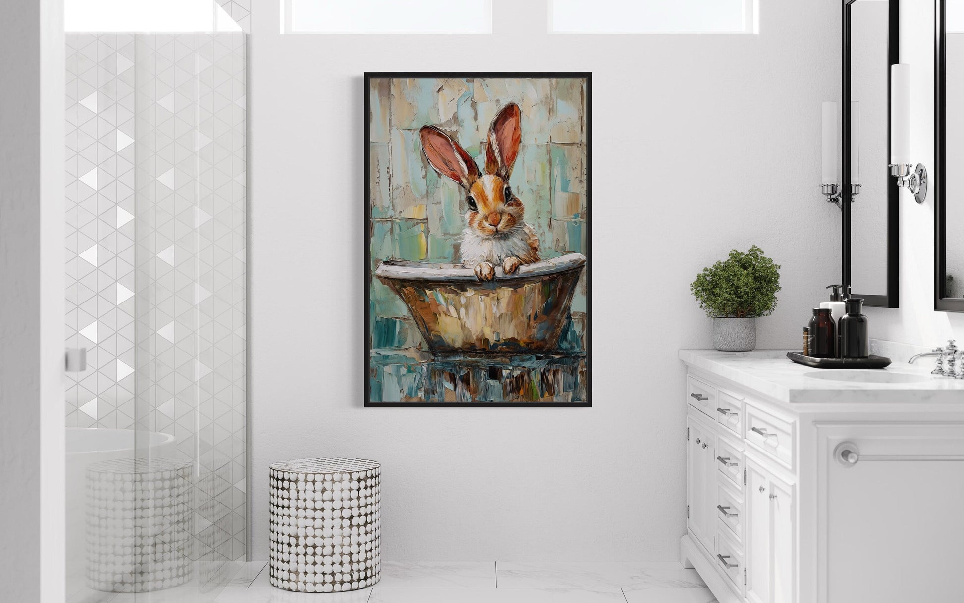 Cute Rabbit In The Bathtub Framed Canvas Wall Art