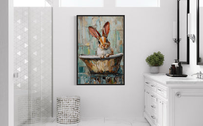 Cute Rabbit In The Bathtub Framed Canvas Wall Art