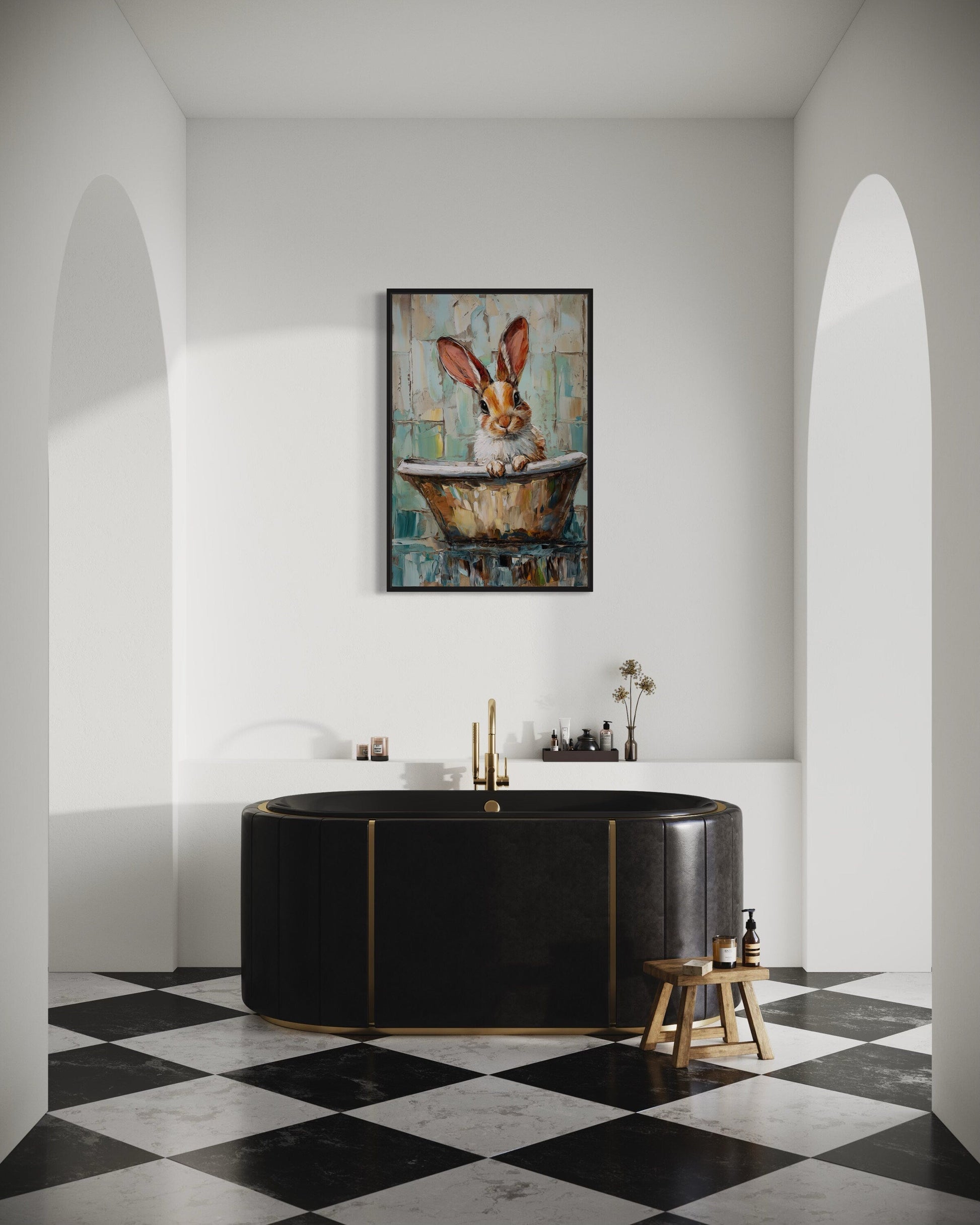 Cute Rabbit In The Bathtub Framed Canvas Wall Art