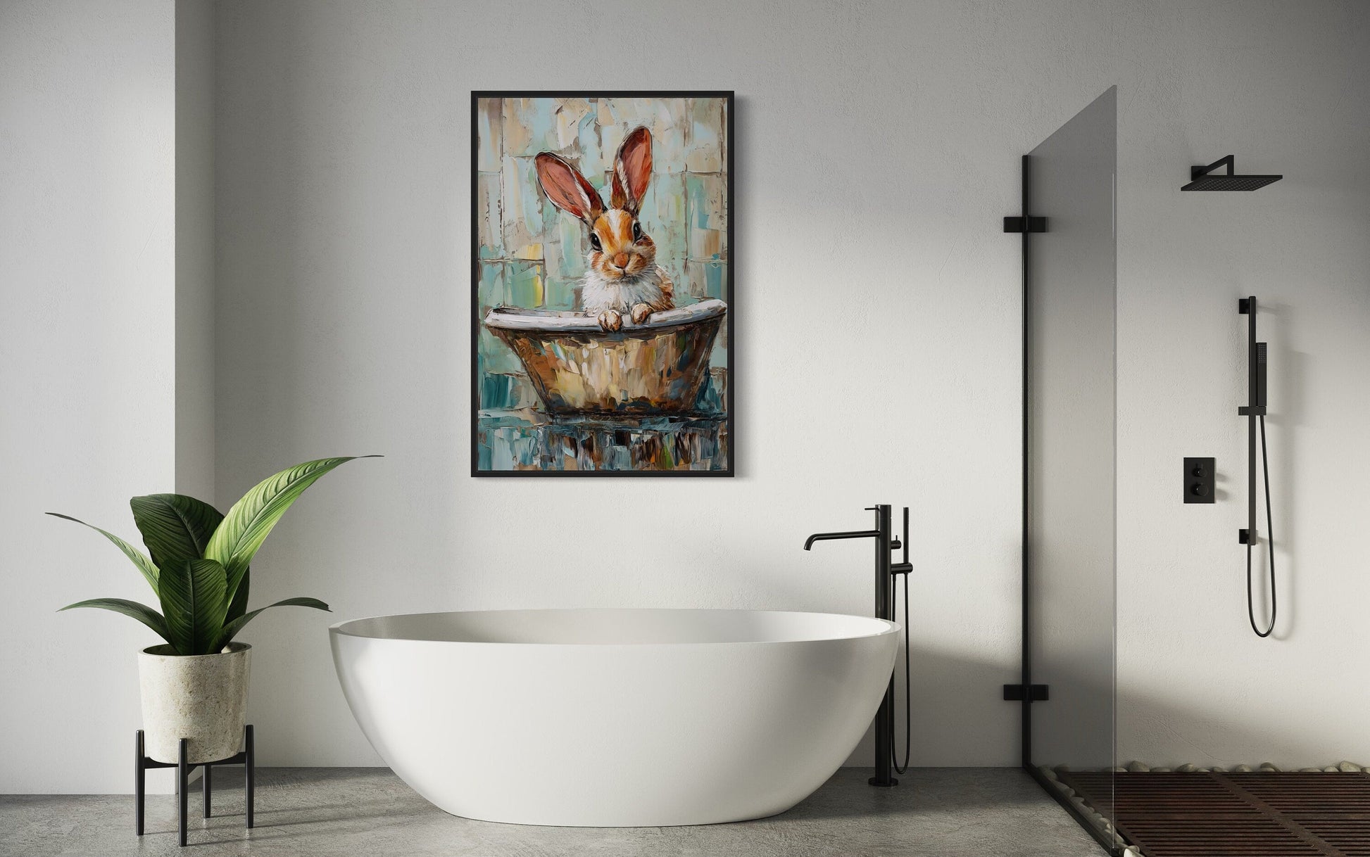 Cute Rabbit In The Bathtub Framed Canvas Wall Art