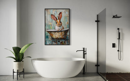Cute Rabbit In The Bathtub Framed Canvas Wall Art