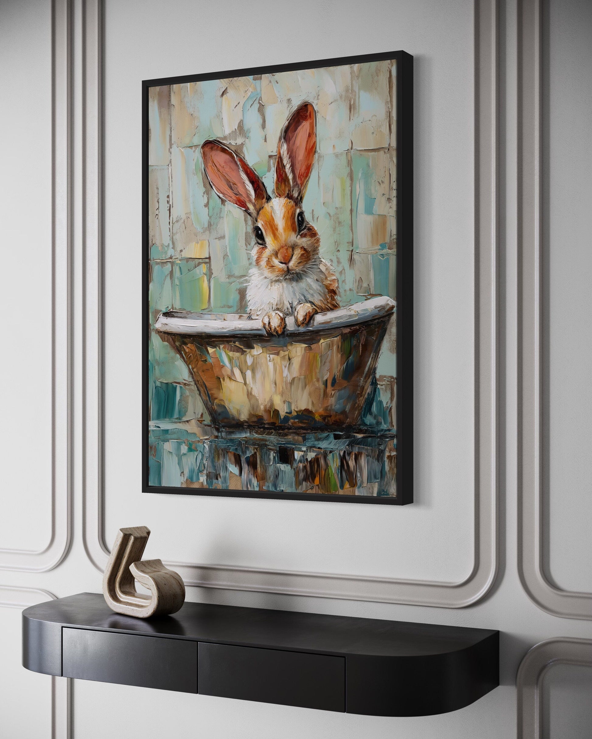Cute Rabbit In The Bathtub Framed Canvas Wall Art