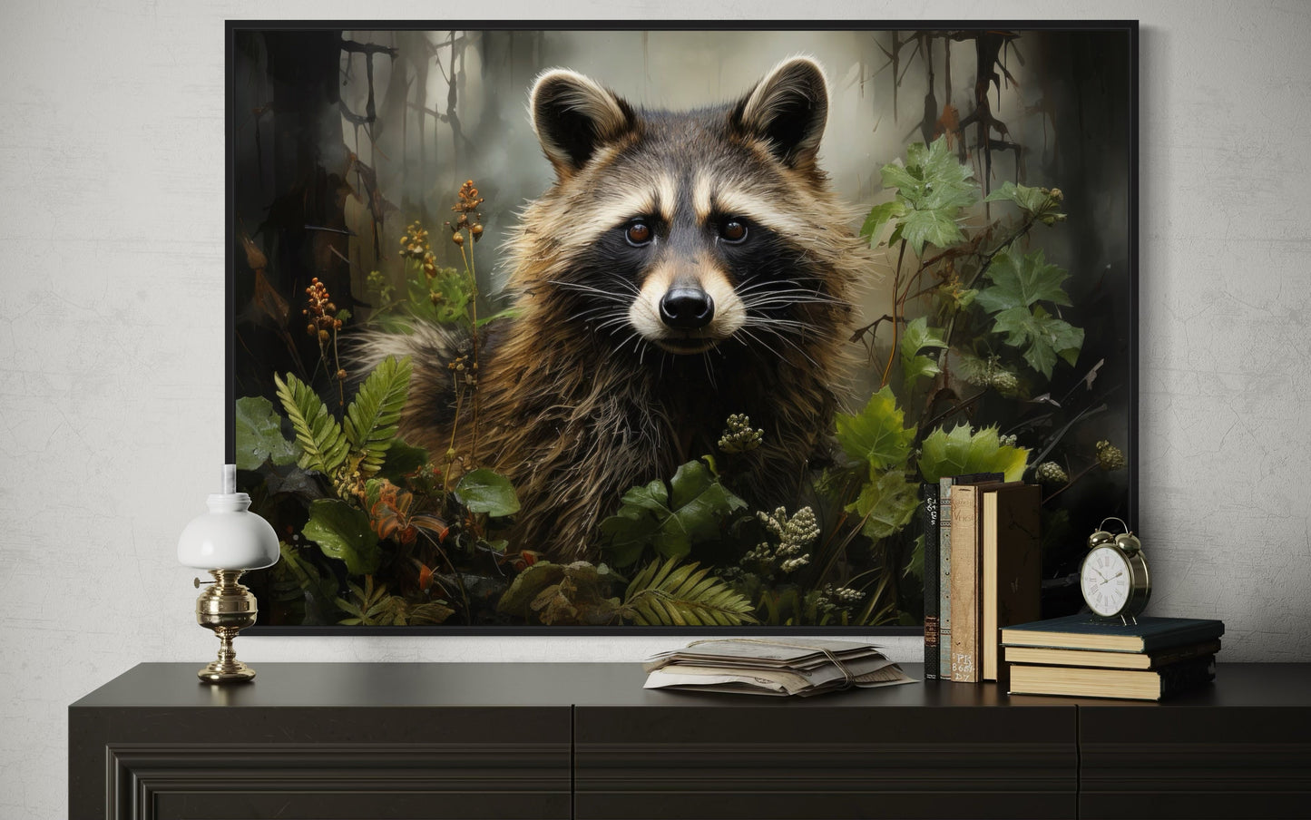 Cute Raccoon In The Forest Framed Canvas Wall Art For Cabin Wall Decor