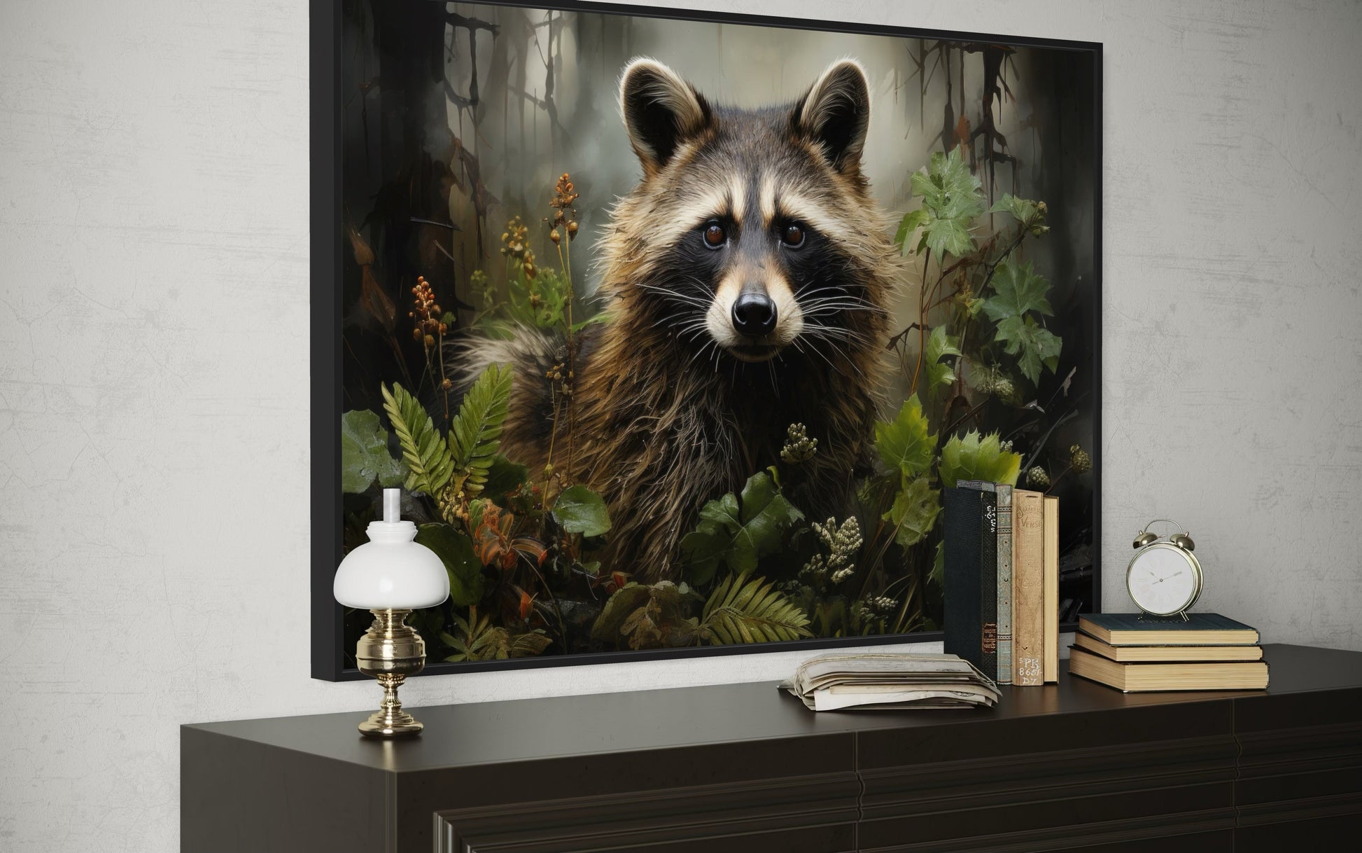 Cute Raccoon In The Forest Framed Canvas Wall Art For Cabin Wall Decor