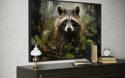 Cute Raccoon In The Forest Framed Canvas Wall Art For Cabin Wall Decor
