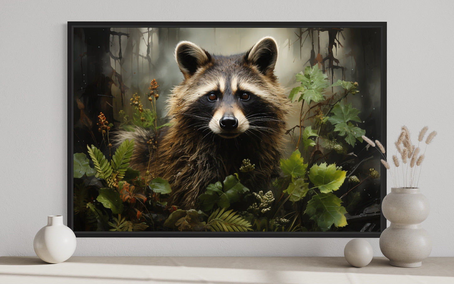 Cute Raccoon In The Forest Framed Canvas Wall Art For Cabin Wall Decor