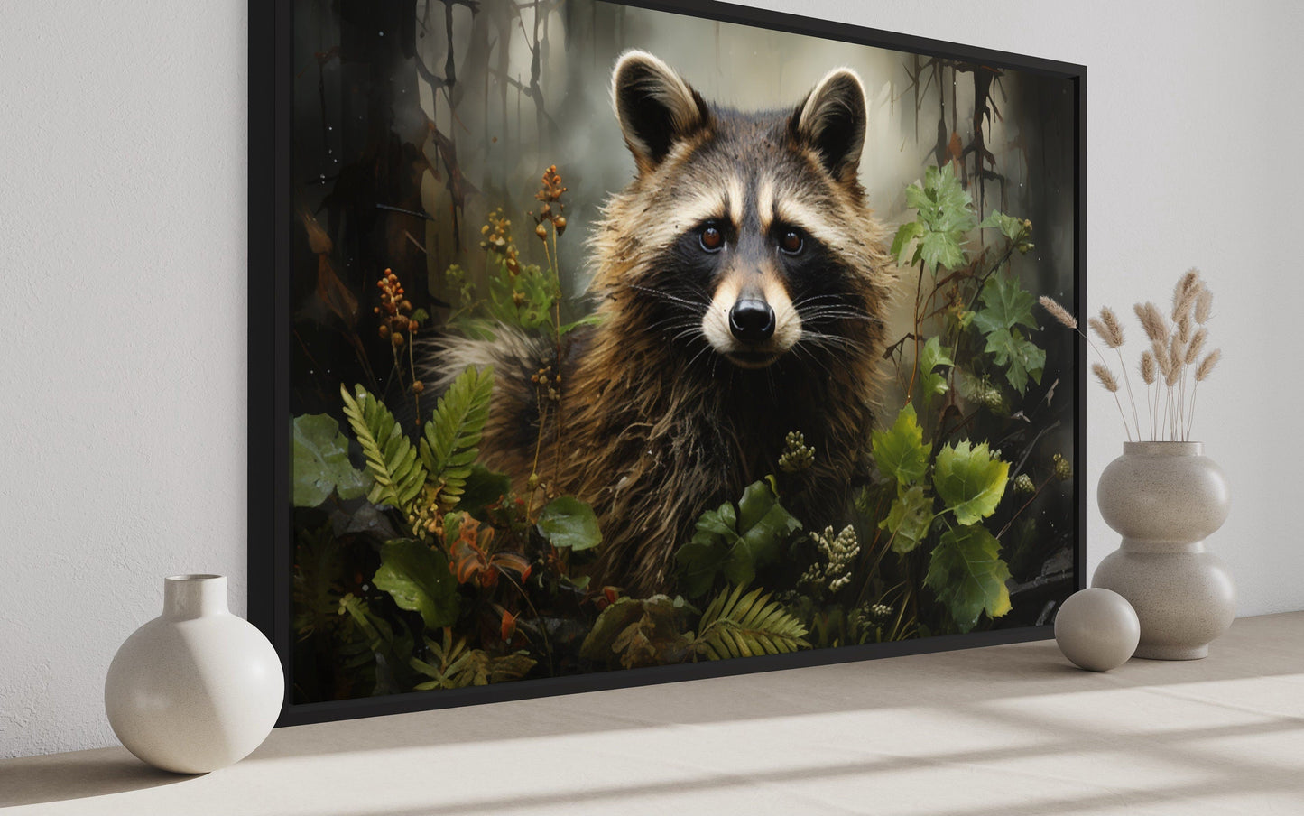 Cute Raccoon In The Forest Framed Canvas Wall Art For Cabin Wall Decor