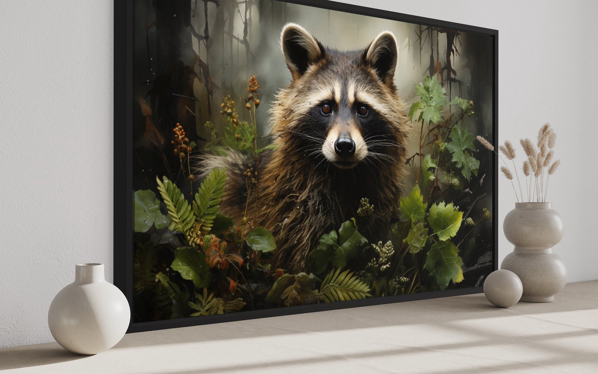 Cute Raccoon In The Forest Framed Canvas Wall Art For Cabin Wall Decor