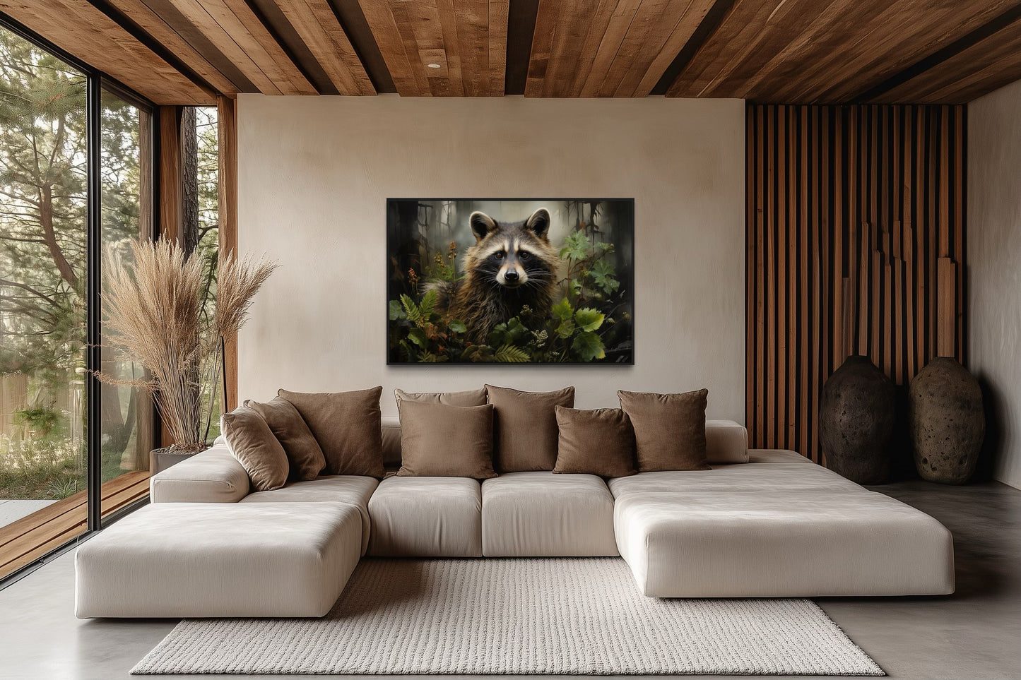 Cute Raccoon In The Forest Framed Canvas Wall Art For Cabin Wall Decor