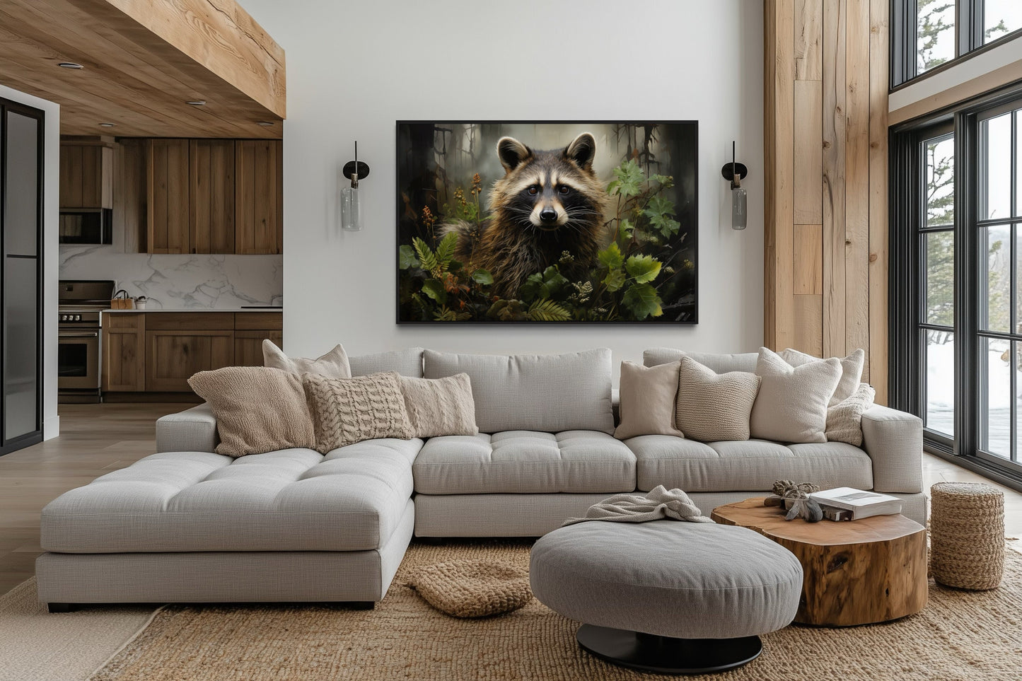 Cute Raccoon In The Forest Framed Canvas Wall Art For Cabin Wall Decor