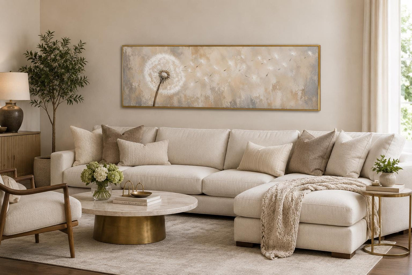 Dandelion Seeds Blowing in Wind Long Horizontal Neutral Above Bed Wall Art